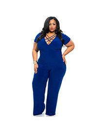 Sexy Blue Pure Color Decorated Deep Bind V-neck Short Sleeve Jumpsuits