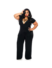 Sexy Black Pure Color Decorated Deep Bind V-neck Short Sleeve Jumpsuits
