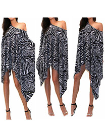 Fashion Black Zebra-stripe Pattern Decorated Batwing Sleeve Irregular Dress