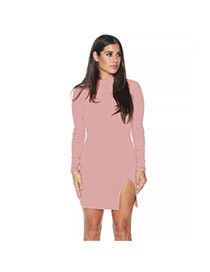 Fashion Pink Split Decorated Long Sleeve O Neckline Pure Color Dress