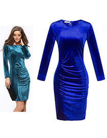 Trendy Sapphire Blue Pure Color Decorated Long Sleeve O Neckline Tight Dress