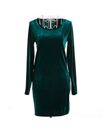 Trendy Dark Green Pure Color Decorated Long Sleeve O Neckline Tight Dress