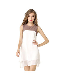 Trendy White+pink O Shape Neckline Design Matching Color Sleeveless Dress
