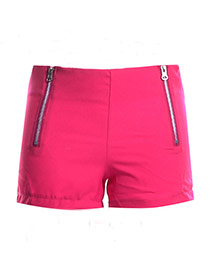 Fashion Rose Red Double Zip Decorated Simple Design Pure Color Shorts