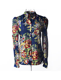 Trendy Dark Blue Flower Pattern Decorated Simple Design Long Sleeve Shirt