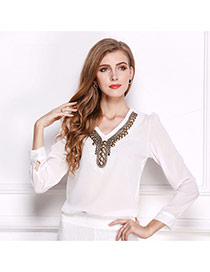Trendy White V Shape Neckline Decorated Simple Design Long Sleeve Shirt