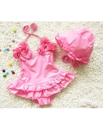 Lovely Pink Flower Decorated Simple Pure Color Child Swimwear(with Hat )