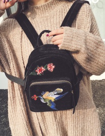 Trendy Black Embroidery Flower&bird Decorated Pure Color Backpack
